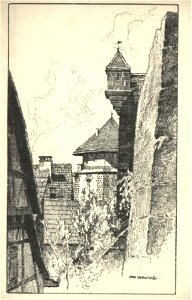 O Ubbelohde - Schlossmauer mit dem Fünfeckturm (Federzeichn-AK Gebr. Metz 1919)