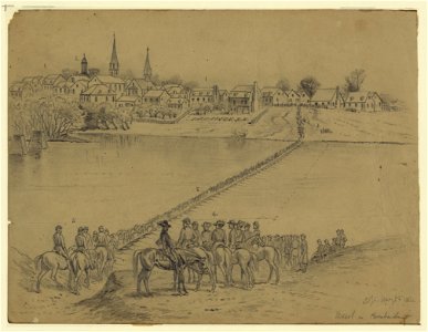 Occupation of Fredericksburg. General McDowell's corps crossing the Rappahannock River on pontoon bridge... LCCN2004661542