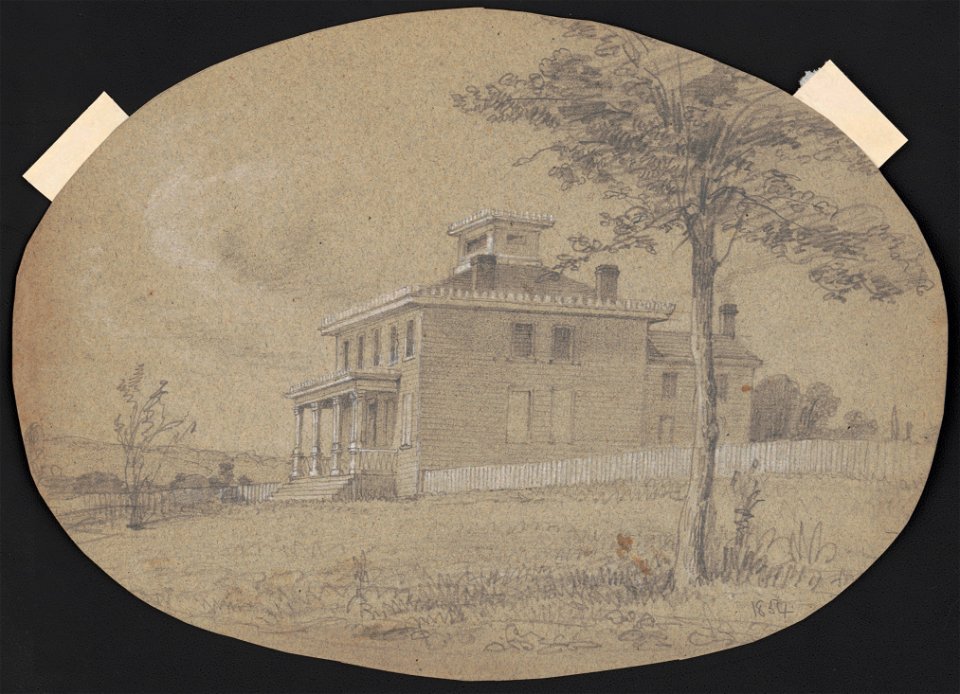 Oblique view of a wooden clapboard house with two stories, front porch, widow's walk, and cupola LCCN2016648697