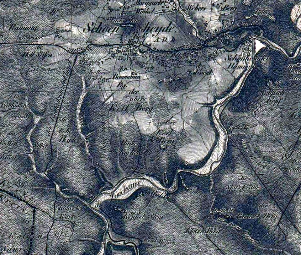 Oberreit Topographischer Atlas des Königreichs Sachsen Ausschnitt aus Blatt 19-Schwarzenberg- von 1843 Schönheide südlicher Teil bearbeitetl