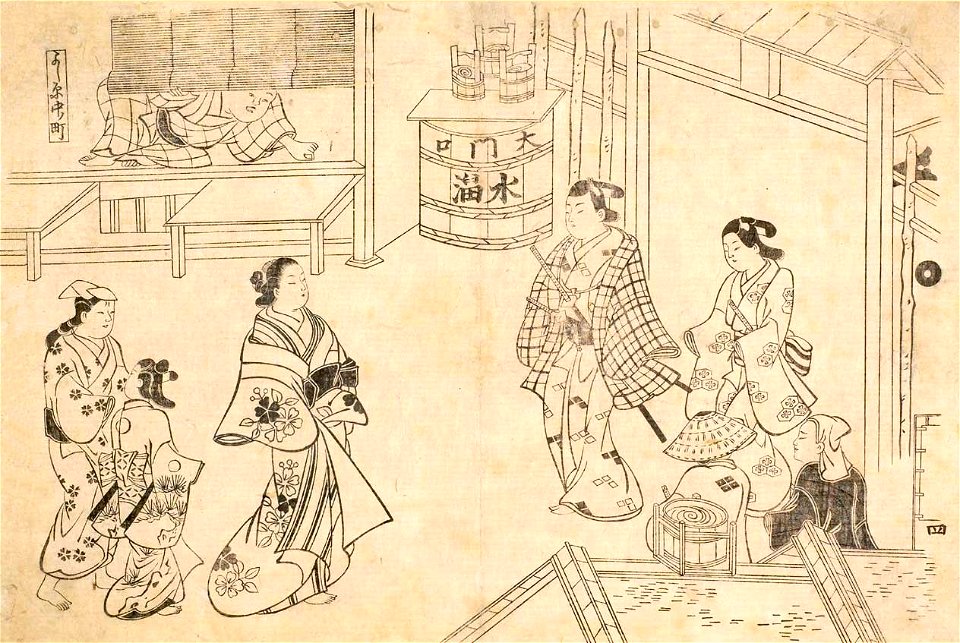 Okumura Masanobu - Figures at the Yoshiwara, From the series Visiting the Yoshiwara, c. 1670