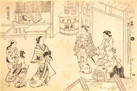Okumura Masanobu - Figures at the Yoshiwara, From the series Visiting the Yoshiwara, c. 1670