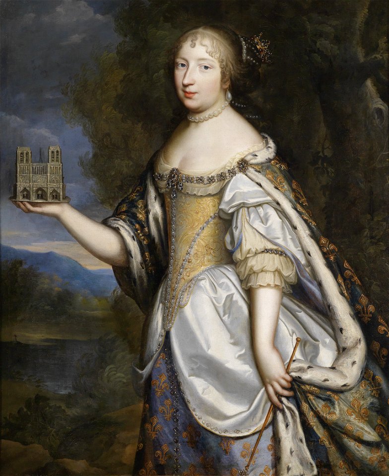 Official portrait of Queen Marie Thérèse depicted as the patron of the Cathedral of Notre-Dame, Paris from the studio of the Beaubrun brothers