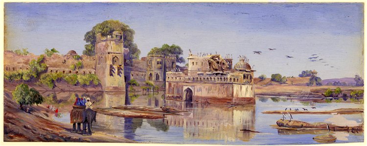 Oil painting of Padmini's palace in the fort in the midst of the tank