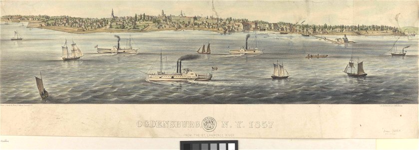 Ogdensburg, N.Y. 1857 from the St Lawrence River. Showing Steamships New York, Northerner and Niagara RMG PY0275