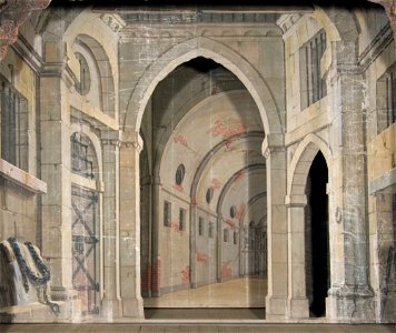 Okänd - Del av kuliss till Ett fängelse, 8 delar, Fondvägg, fängelseinteriör med murade valv och öppning - NMGrh 3801g - Nationalmuseum