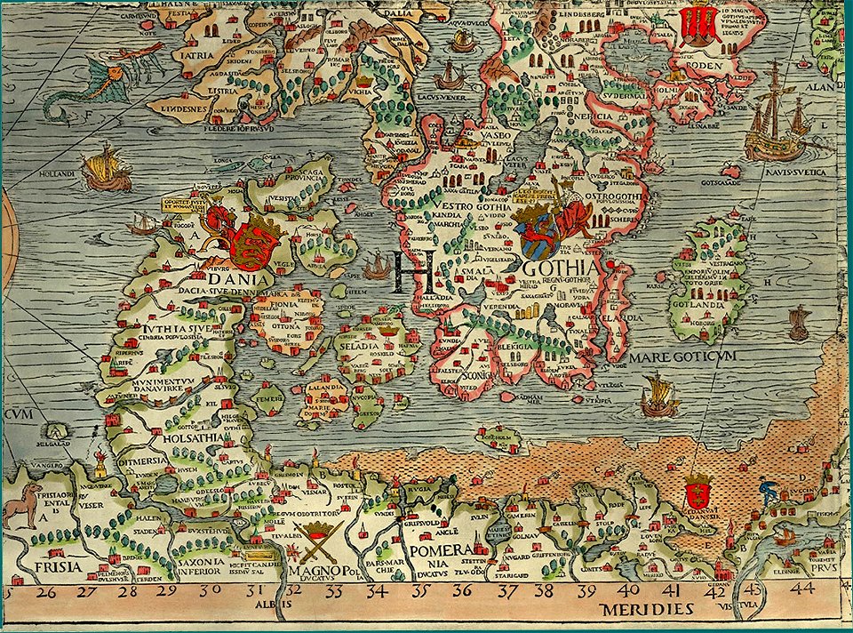 Olaus Magnus' Map of Scandinavia 1539, Section H, Denmark, Sweden