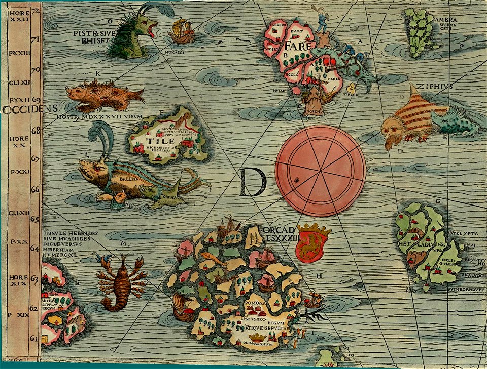 Olaus Magnus' Map of Scandinavia 1539, Section D, Western Islands