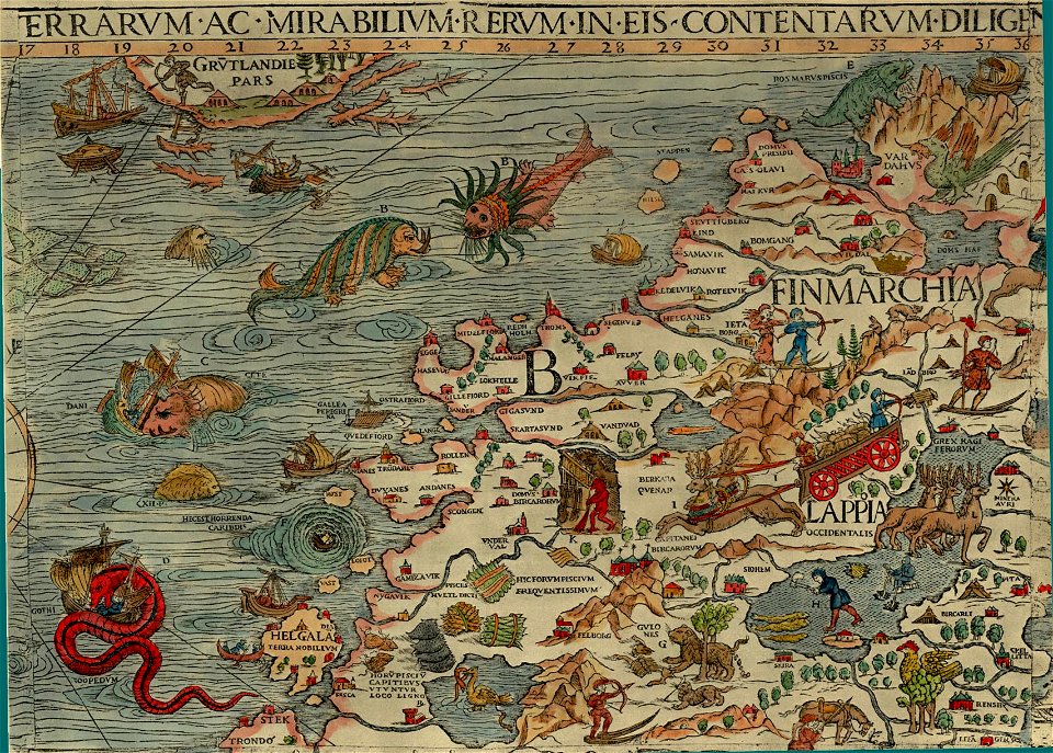 Olaus Magnus' Map of Scandinavia 1539, Section B, Lappland, Finland