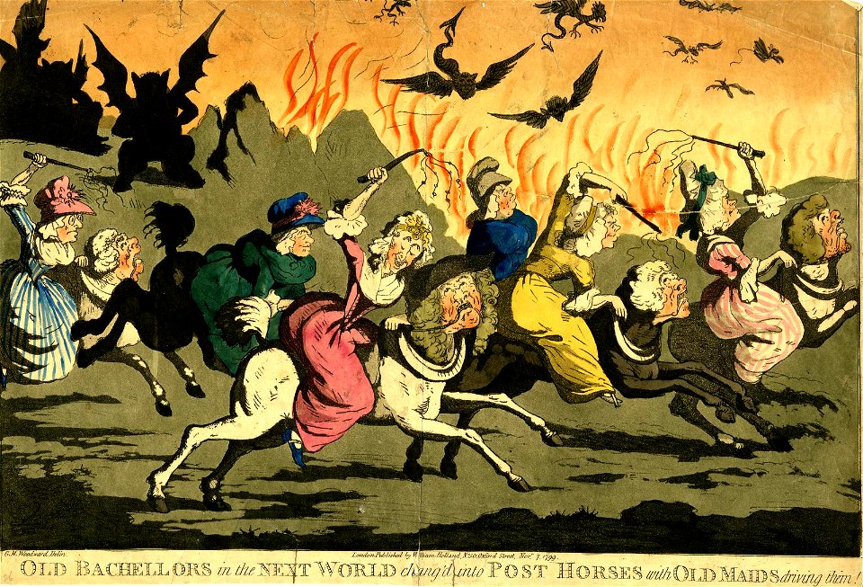 Old bachellors in the next world chang'd into post horses with old maids driving them! (BM 1948,0214.380)