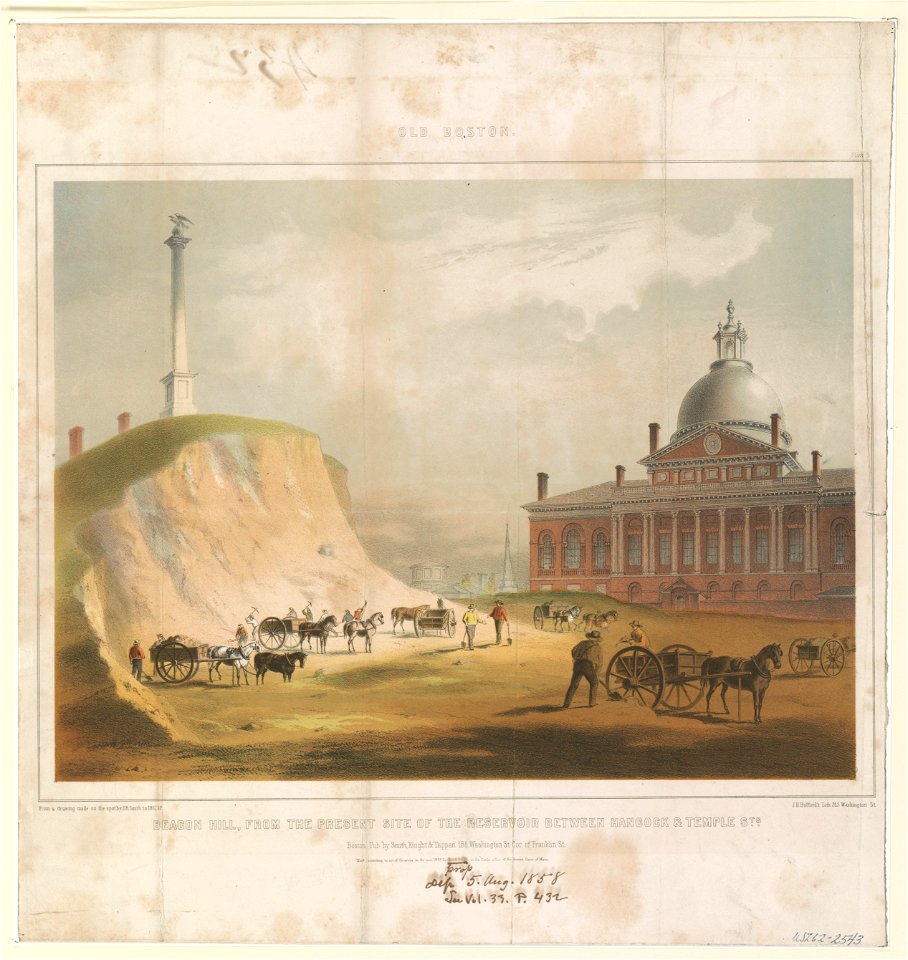 Old Boston. Beacon Hill from the present site of the reservoir between Hancock & Temple Sts. - from a drawing made on the spot by J.R. Smith in 1811, 12 ; J.H. Bufford's Lith. 313 Washington LCCN2002725396