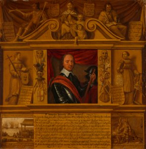 Oliver Cromwell (1599-1658). In een omlijsting met allegorische figuren en historische voorstellingen Rijksmuseum SK-A-3882
