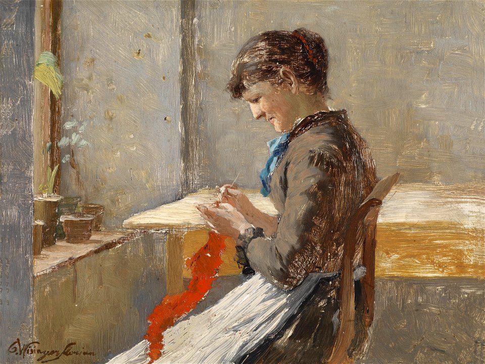 Olga Wisinger-Florian Strickende Frau am Fenster