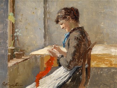 Olga Wisinger-Florian Strickende Frau am Fenster