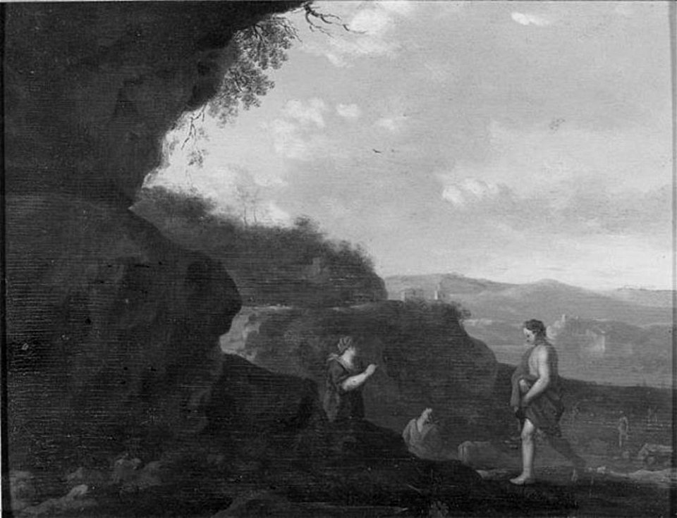 Omgeving van Cornelis van Poelenburch - Rotsachtig landschap met figuren - NM 569 - Nationalmuseum