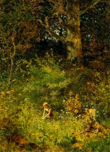 Olga Wisinger-Florian - A girl gathering flowers in a forest glade