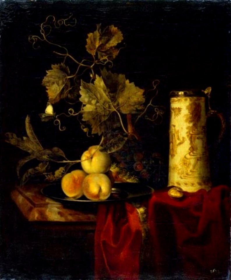 Omgeving van Willem van Aelst - Stilleven met vruchten en bierpul op een donkerrood kleed - Gal.-Nr. 1332 - Staatliche Kunstsammlungen Dresden