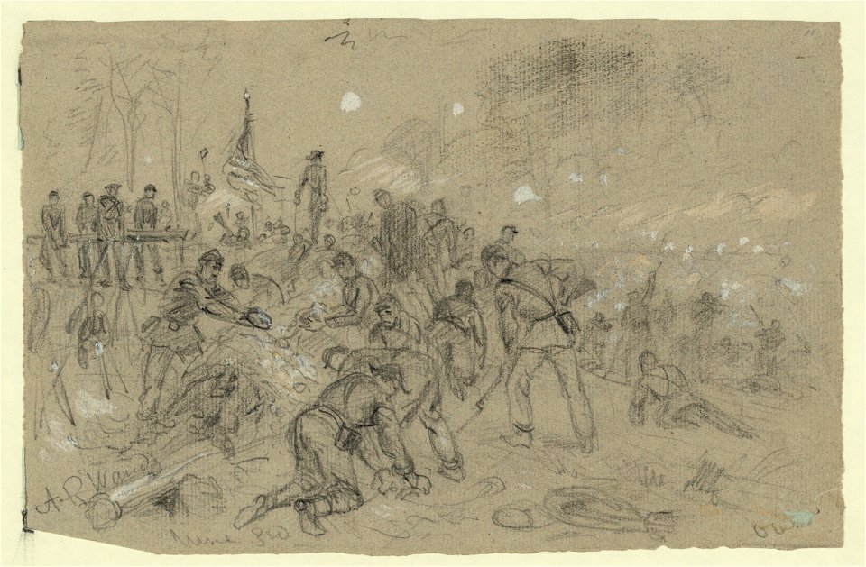 On Hancocks front- the soldiers ha(ving) no picks and shovels used bayonets, tin pans, old canteens, and even their hands in throwing up breastworks ARW LCCN2004660168