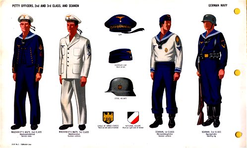 ONI JAN 1 Uniforms and Insignia Page 018 German Navy Kriegsmarine WW2 Petty officers, 2nd and 3rd class, and seamen. Sailor suits, cap, steel helmet, white summer uniform, service dress, etc. Feb. 1943 Field recognition No copyright. Free illustration for personal and commercial use.