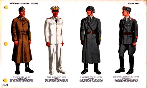 ONI JAN 1 Uniforms and Insignia Page 060 Italian Army WW2 Metropolitan uniform Officers. Raincoat, ganeral staff whites, infantry overcoat, grenadiers old uniform, Sept 1943 US field recognition No copyright. Free illustration for personal and commercial use.