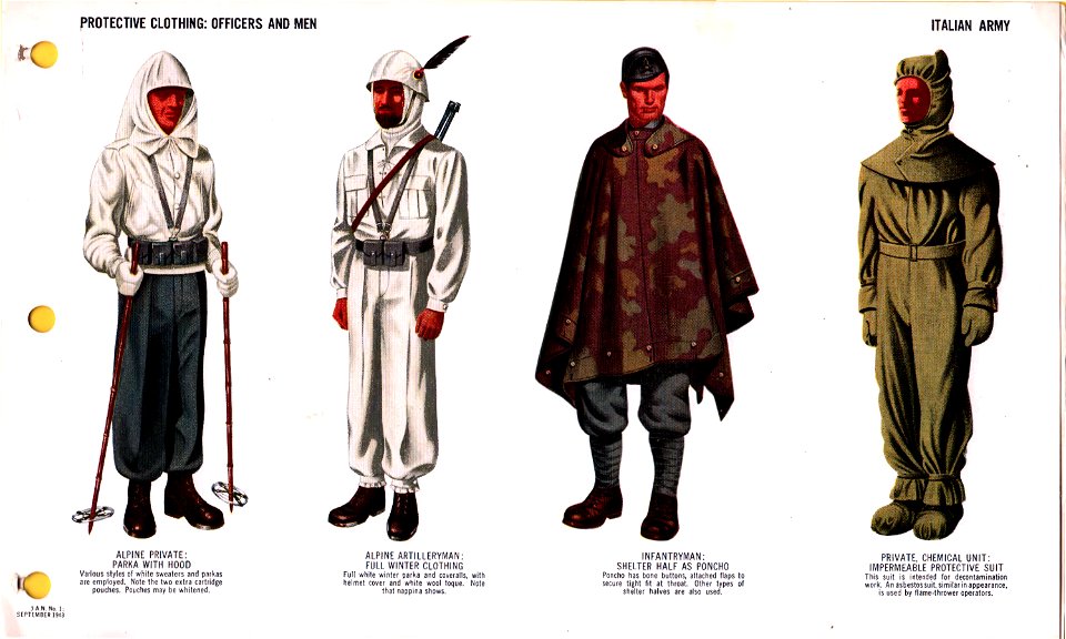 ONI JAN 1 Uniforms and Insignia Page 064 Italian Army WW2 Protective clothing Officers and men Alpine parka w hood artilleryman full winter clothing, camouflage shelter half poncho, chemical impermeable suit Sept 1943 field recognition