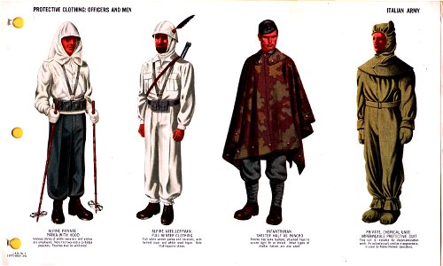 ONI JAN 1 Uniforms and Insignia Page 064 Italian Army WW2 Protective clothing Officers and men Alpine parka w hood artilleryman full winter clothing, camouflage shelter half poncho, chemical impermeable suit Sept 1943 field recognition. Free illustration for personal and commercial use.
