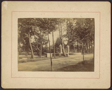 Ongelokaliseerd, lommerrijke weg met toegangshek, Afb ANWZ00478000001