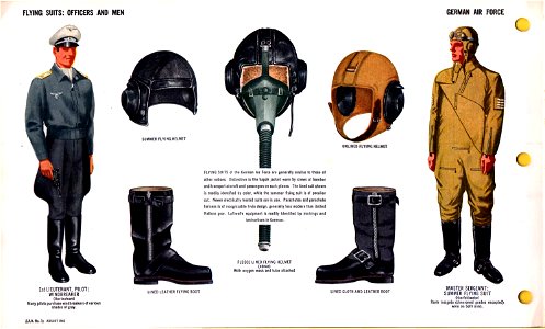 ONI JAN 1 Uniforms and Insignia Page 030 German Air Force Luftwaffe WW2 Flying suits. Officers and men. Pilot windbreaker, flying helmets, lined leather and cloth boots, summer flying suit, etc. August 1943 Field recognition. No copyrig