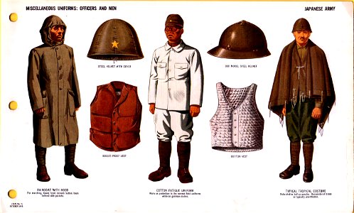 ONI JAN 1 Uniforms and Insignia Page 082 Japanese Army WW2 Misc uniforms Officers Men. Raincoat, cotton fatique, bullet-proof and cotton vest, helmet with cover, old model helmet, tropical poncho, puttees Oct 1943 US field recognition N. Free illustration for personal and commercial use.