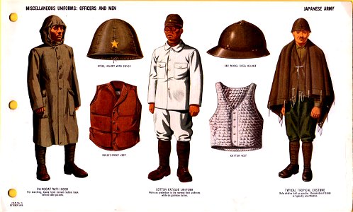 ONI JAN 1 Uniforms and Insignia Page 082 Japanese Army WW2 Misc uniforms Officers Men. Raincoat, cotton fatique, bullet-proof and cotton vest, helmet with cover, old model helmet, tropical poncho, puttees Oct 1943 US field recognition N