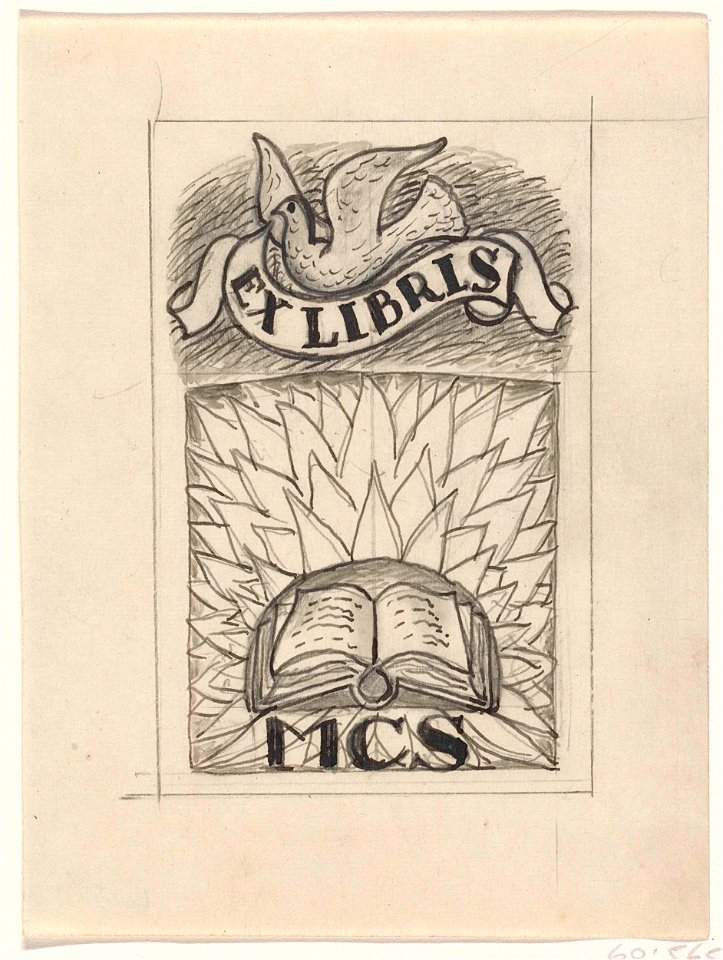 Ontwerp ex-libris voor MCS, met voorstelling van een open boek en een duif
