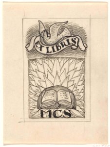 Ontwerp ex-libris voor MCS, met voorstelling van een open boek en een duif