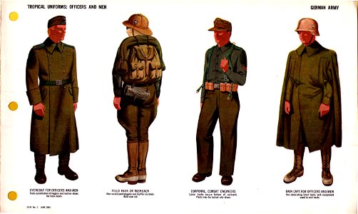 ONI JAN 1 Uniforms and Insignia Page 011 German Army WW2 Tropical uniforms. Officers and men. Mediterranen Afrika Korps. Overcoat, field pack rucksack, pants, rain cape, muffler, linen boots, leggins. June 1943 Field recognition. No cop. Free illustration for personal and commercial use.