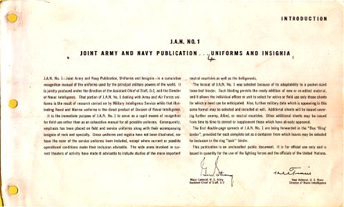 ONI JAN 1 Uniforms and Insignia Page 002 1943 Recognition for field use. US unclassified public document. Pocket-sized loose-leaf binder. No known copyright restrictions. Free illustration for personal and commercial use.