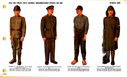 ONI JAN 1 Uniforms and Insignia Page 084 Japanese Army WW2 Field, service dress uniforms NCOs, Men M1930 blouse tank reg, old style insignia, M1938 service dress, fatigue wool breeches, M1938 overcoat Oct 1943 field recognition No copyr. Free illustration for personal and commercial use.