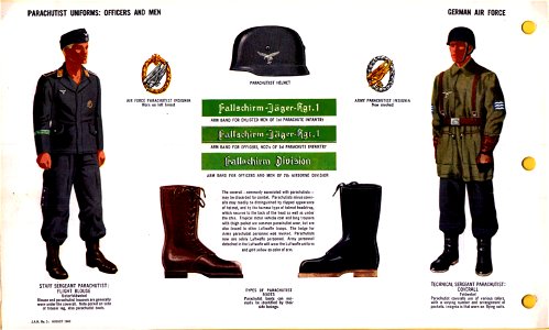 ONI JAN 1 Uniforms and Insignia Page 034 German Air Force Luftwaffe WW2 Parachutist uniforms. Flight blouse, clipped parachutist helmet, insignia, arm band cuff titles, side laced boots, etc. Aug 1943 Field recognition. US public doc. N