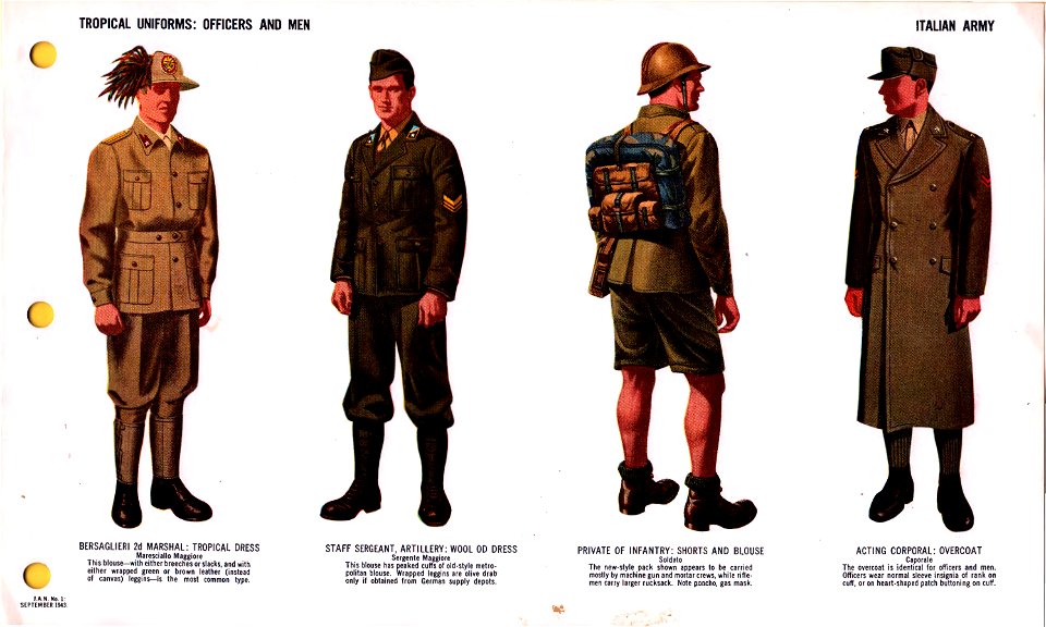 ONI JAN 1 Uniforms and Insignia Page 062 Italian Army WW2 Tropical uniforms. Officers and men. Bersaglieri tropical dress, breeches or slacks, leggins, wool od dress, pack shorts blouse overcoat Sept 1943 US field recognition No copyrig. Free illustration for personal and commercial use.