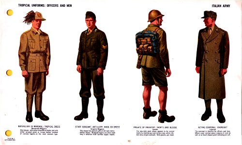 ONI JAN 1 Uniforms and Insignia Page 062 Italian Army WW2 Tropical uniforms. Officers and men. Bersaglieri tropical dress, breeches or slacks, leggins, wool od dress, pack shorts blouse overcoat Sept 1943 US field recognition No copyrig. Free illustration for personal and commercial use.