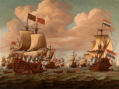Ontmoeting tussen het Engelse schip Prince en het Nederlandse schip Gouden Leeuw op zee