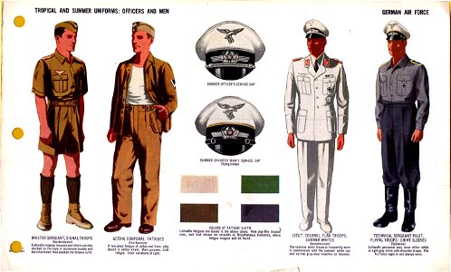 ONI JAN 1 Uniforms and Insignia Page 029 German Air Force Luftwaffe WW2 Tropical and summer uniforms. Shorts, khaki, fatigues, cloth colors, summer whites, service caps, shirt sleeves, etc Aug. 1943 Field recognition. No copyright