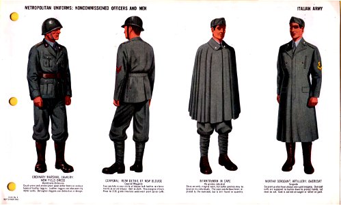ONI JAN 1 Uniforms and Insignia Page 066 Italian Army WW2 Metropolitan uniforms NCOs and men. New field dress, leggins, puttees, cape, overcoat, etc. Sept. 1943 Field recognition. US public doc. No known copyright