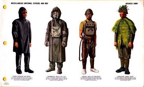 ONI JAN 1 Uniforms and Insignia Page 080 Japanese Army WW2 Misc. uniforms Officers, men. Rubber raincoat, boots, impermeable protective suit, grenade discharger, jungle camouflage. Oct 1943 Field recognition No copyright