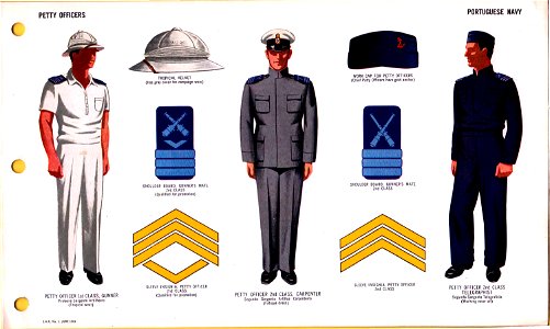 ONI JAN 1 Uniforms and Insignia Page 110 Portuguese Navy WW2 Petty officers June 1943 Field recognition. US public doc. No known copyright. Free illustration for personal and commercial use.