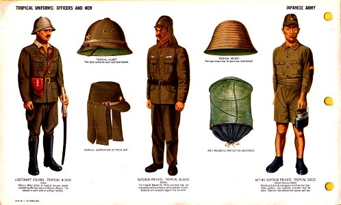 ONI JAN 1 Uniforms and Insignia Page 081 Japanese Army WW2 Tropical uniforms Officers and men. Helmets, field cap, blouse, Anti-mosquito protective headdress, shorts, tabi, etc Oct 1943 Field recognition. US public doc. No copyright