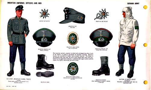 ONI JAN 1 Uniforms and Insignia Page 008 German Army WW2 Mountain uniforms. Officers and men. Signal troops, mountain cap, service caps, shoe, puttees, white jacket, Edelweiss device. Gebirgsjäger. June 1943 Field recognition No known