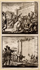 Onias door het volk te Jeruzalem gestenigd, De in de tempel opgesloten Joodse priesters trachten zich voor het paasfeest van offerdieren te voorzien, objectnr A 48166