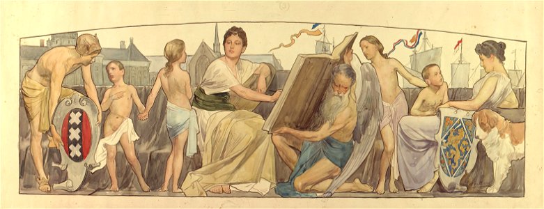 Ontwerptekening door Nicolaas van der Waay voor de beschildering van de achterkant van de Gouden Koets (cropped)
