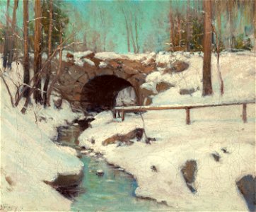 Julian Onderdonk - Stone Bridge in Winter, Central Park (1900s). Free illustration for personal and commercial use.