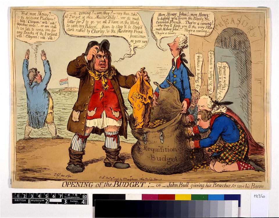 Opening of the Budget;-or- John Bull giving his Breeches to save his Bacon. (BM 1868,0808.6564)