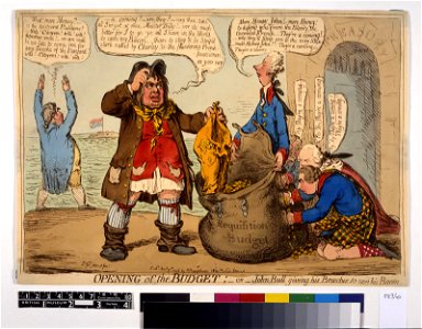 Opening of the Budget;-or- John Bull giving his Breeches to save his Bacon. (BM 1868,0808.6564). Free illustration for personal and commercial use.